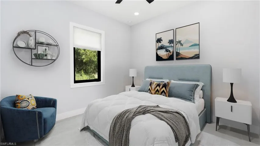 Bedroom virtually staged with a ceiling fan and recessed lighting