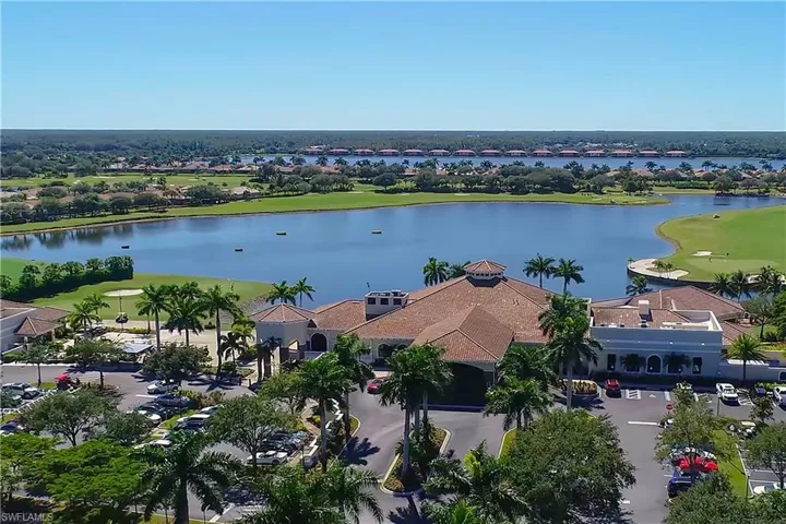 Aerial view of a golf club and a nearby body of water