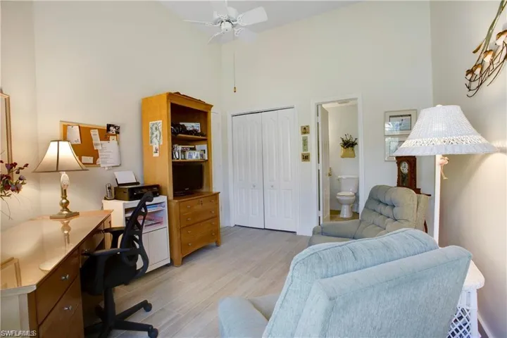 Downstairs guest bedroom leads to full bathroom