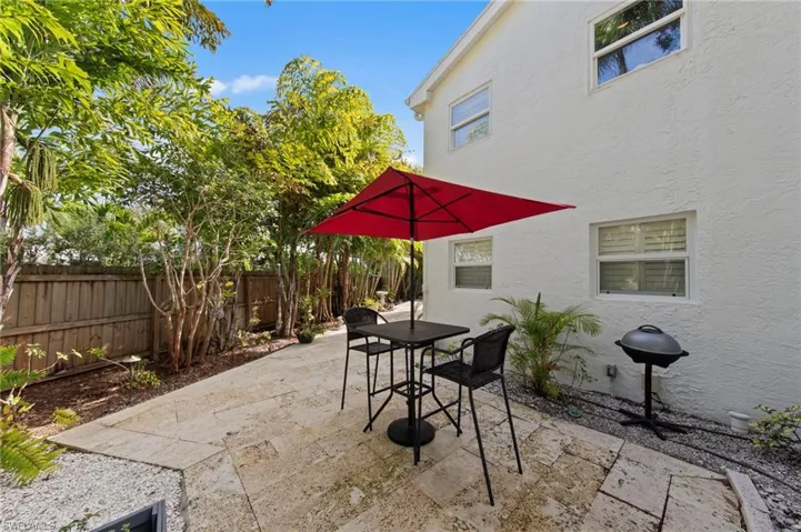 Fenced backyard featuring a patio and outdoor dining space