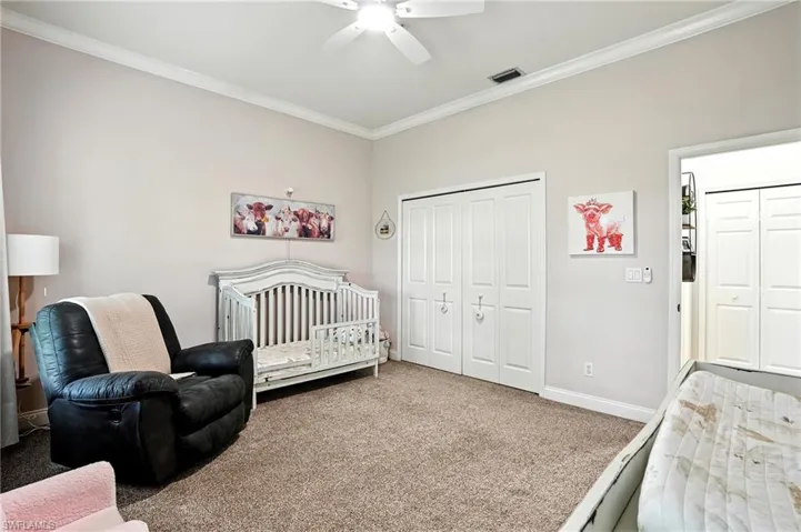Carpeted bedroom with a crib, crown molding, a closet, and a ceiling fan