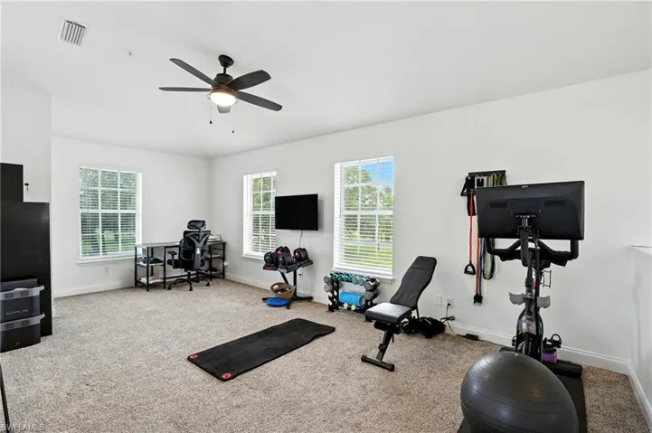 Exercise room with carpet and a ceiling fan