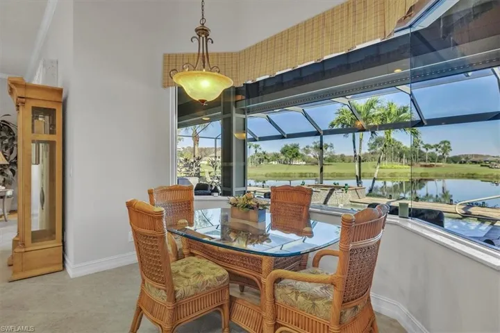 Dining space featuring a sunroom and a water view