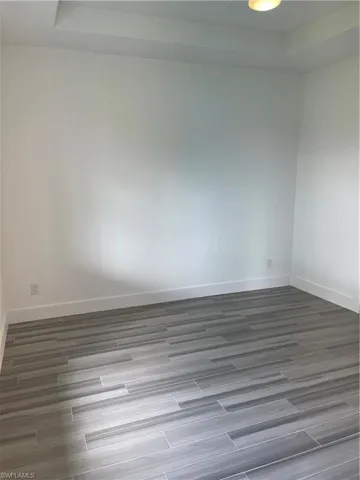 Spare room with a tray ceiling and wood finish floors