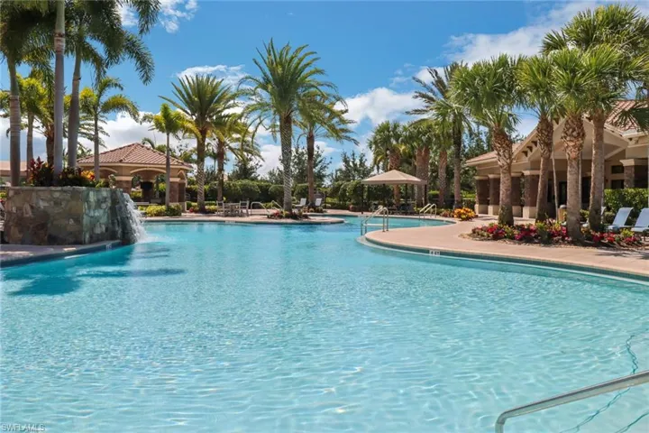 View of pool with pool water feature