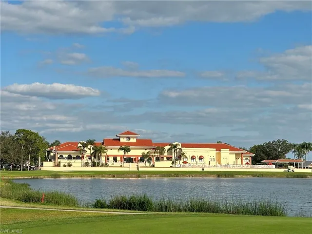 Clubhouse, golf course and lake