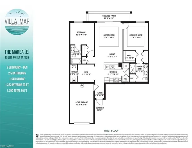 The Marea (E) Floorplan with 2 Bedrooms + Den, 2.5 Baths