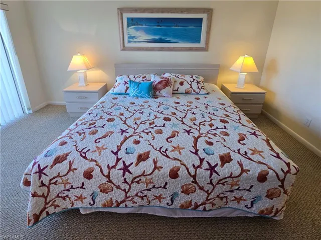 Primary bedroom with carpet flooring and sliding doors to the lanai