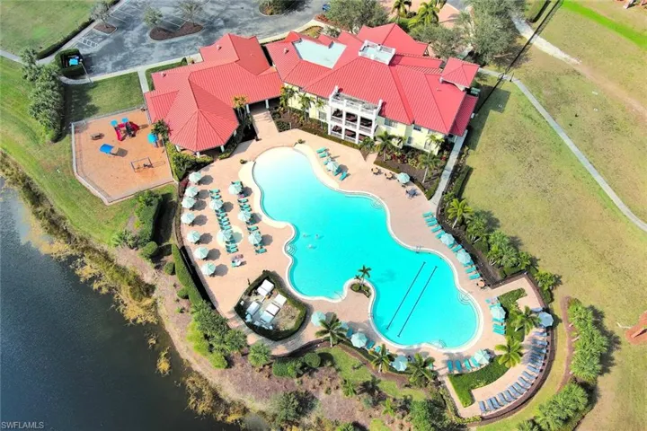 Bird's eye view of Community Pool and Fenced Play Area