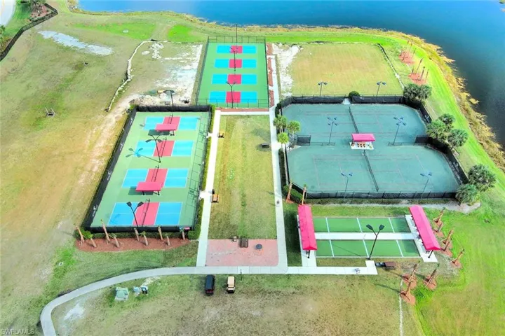 Birds eye view of Pickleball, Tennis and Bocce courts