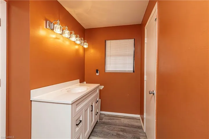 Bathroom with vanity and wood-type flooring