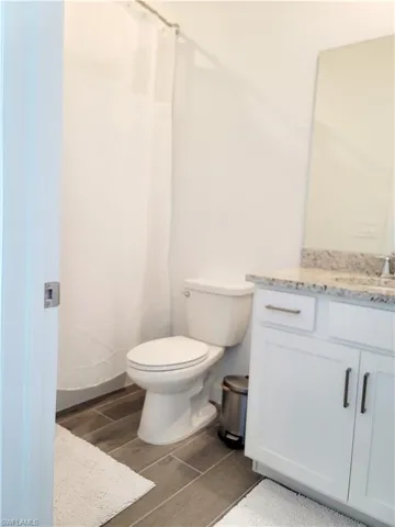 Full bathroom with wood tiled floors, vanity, and a shower with curtain