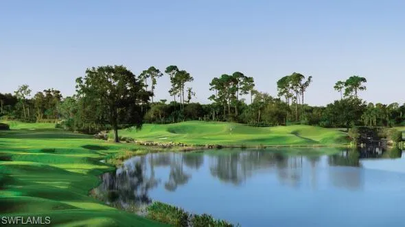 Water view featuring a golf club and a tree filled landscape