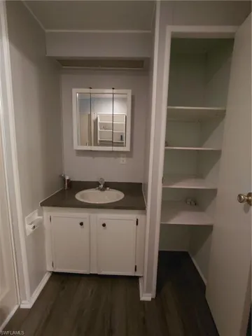 Spacious closet with a barn door and dark wood finished floors