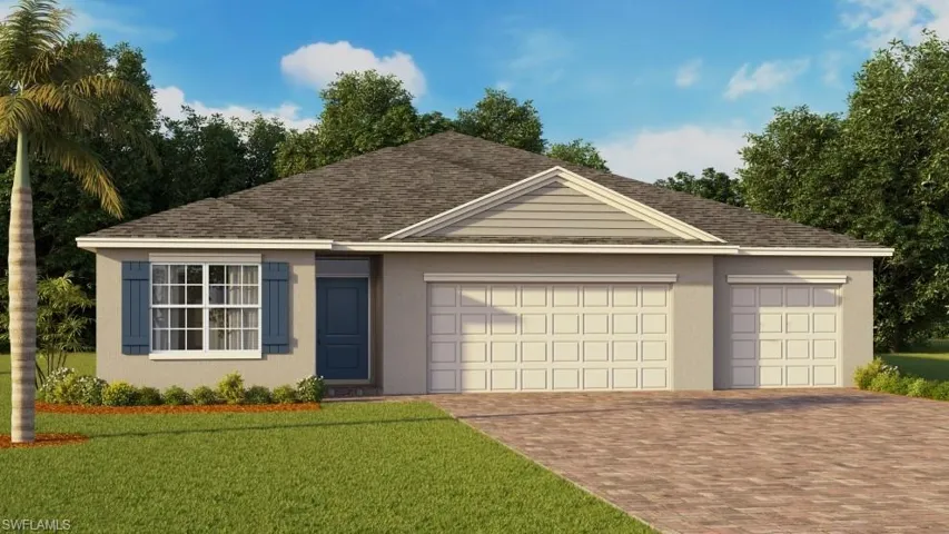 Single story home with a garage, decorative driveway, a front lawn, a shingled roof, and stucco siding
