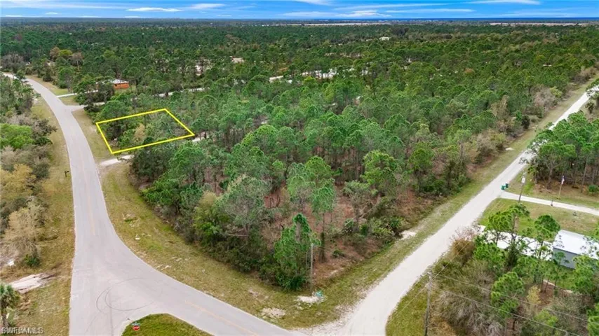Aerial view of property's location with a forest and property boundaries highlighted