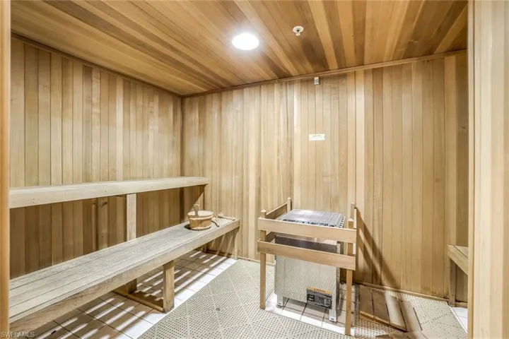 View of sauna / steam room featuring tile floors