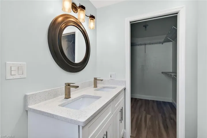 Bathroom with a spacious closet, double vanity, and dark wood-style floors