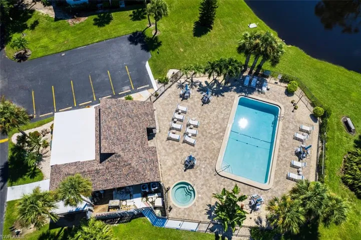 Bird's eye view of a pool and a nearby body of water