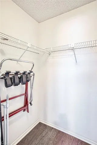 Walk in closet featuring dark wood finished floors