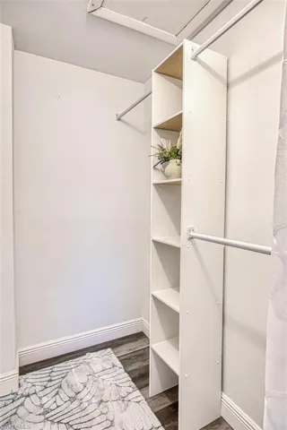 Walk in closet with dark wood finished floors