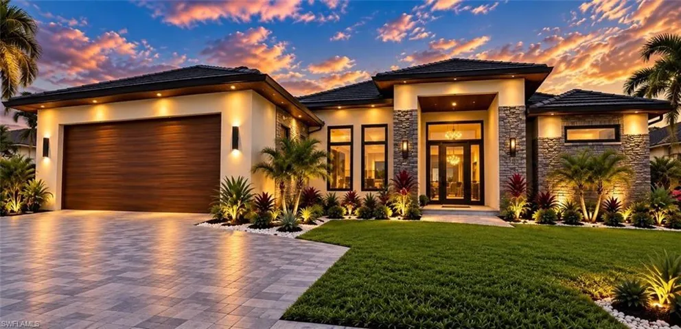 Single-story exterior featuring a stone veneer facade, integrated wood-finish garage door, multi-pane glass entry door, and paver driveway