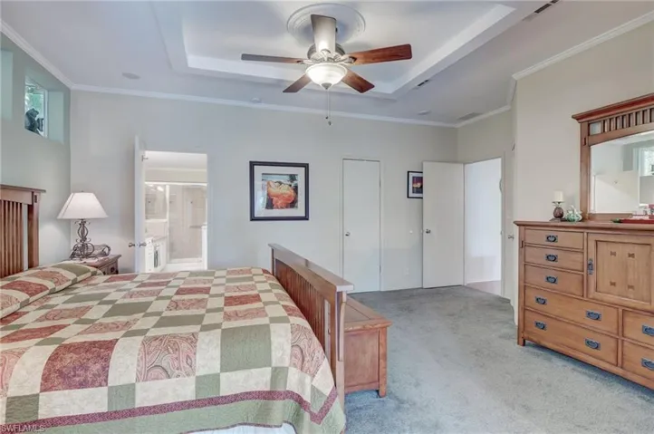 Bedroom with light carpet, ceiling fan, connected bathroom, a tray ceiling, and a closet