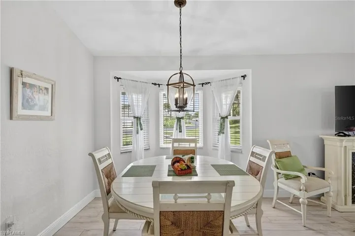 Bay window with multiple windows and white blinds