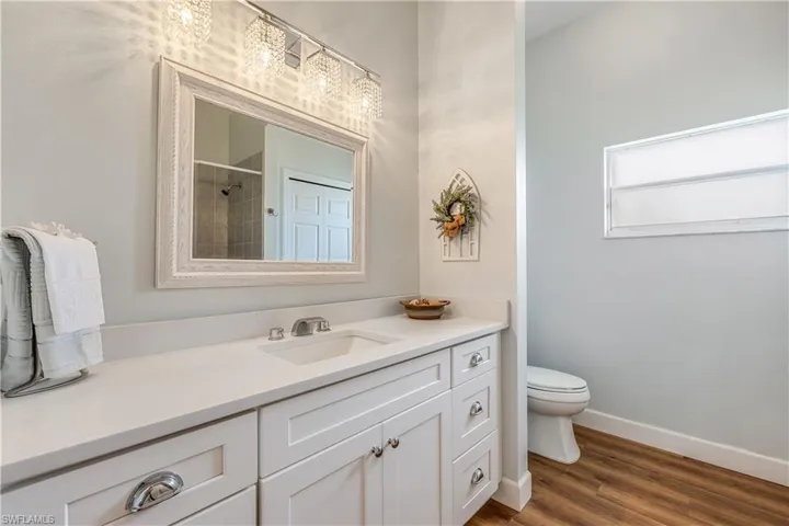 Bathroom with wood-type flooring, toilet, and vanity