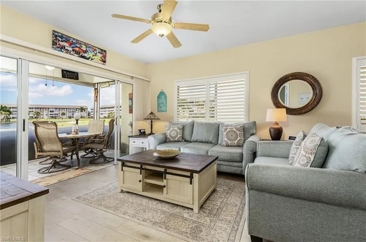 All furniture is included! Living area opens to the screened in lanai. Just imagine the beautiful sunsets and lounging, dining and entertaining here.