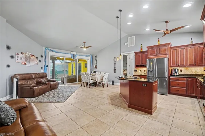 Open-concept living space with vaulted ceilings