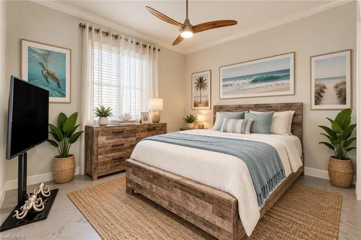Recessed lighting, crown molding, and a ceiling fan with integrated lighting. Edied with AI