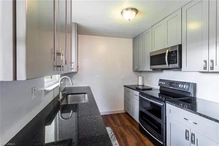 Kitchen with dark hardwood / wood-style floors, dark stone countertops, double oven range, and sink