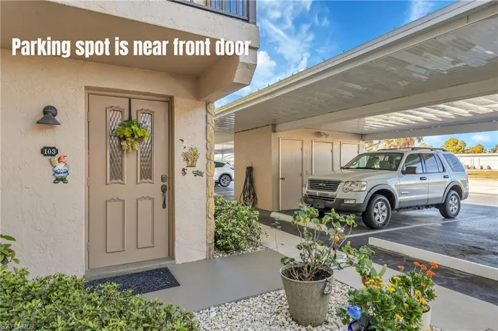 Vehicle shown is in assigned parking spot for unit 103- a mere dozen feet! Easy in/out of unit-no stairs! Outdoor storage closet for each unit (center one for 103).