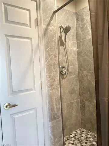 Bathroom with a tiled walk-in shower and linen closet