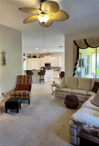 Family room with view of kitchen