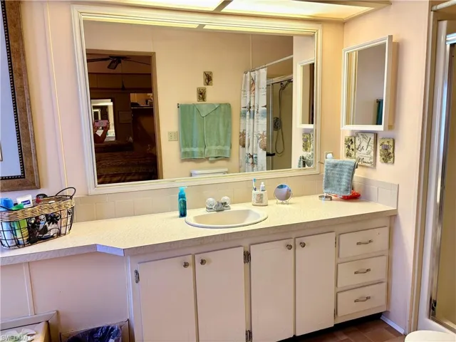Bathroom featuring curtained shower, vanity, and tasteful backsplash
