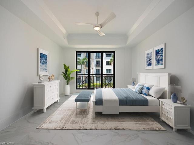 Spacious Primary Suite with elegant tile flooring, crown molding, and juliette balcony fare all eatures fpr a tranquil room to rest and relax.