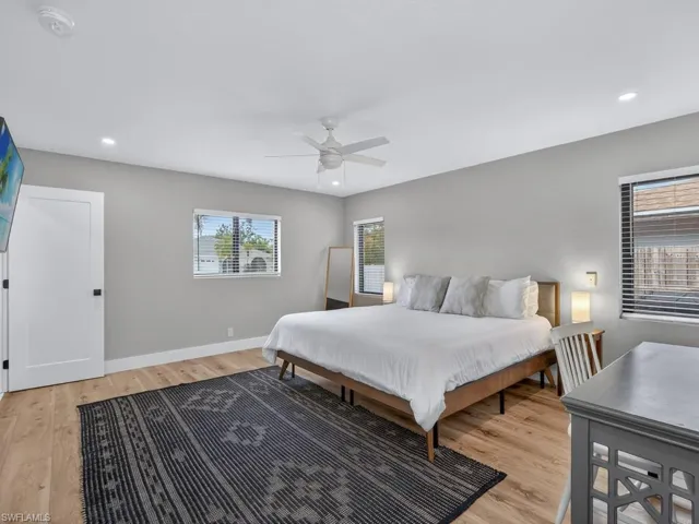 Primary bedroom, entry view. King sized bed pictured.