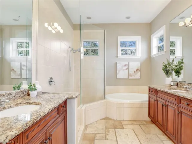 Bathroom featuring vanity, a wealth of natural light, and separate shower and tub