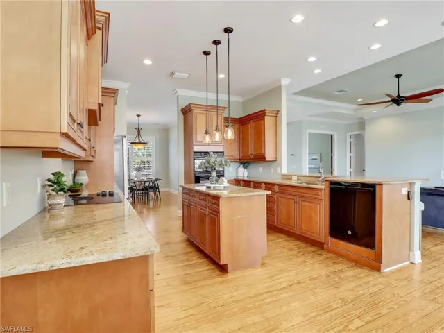 Kitchen featuring pendant lighting, light hardwood / wood-style flooring, black appliances, a kitchen island, and kitchen peninsula