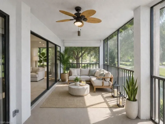 Sunroom with an outdoor lounge area and ceiling fan