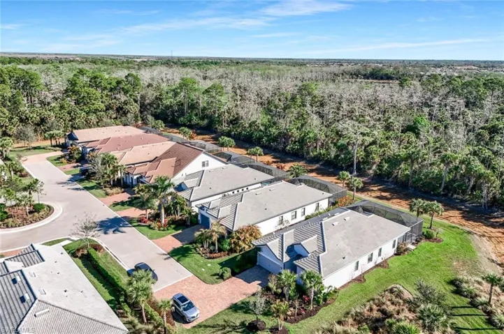 Aerial perspective of suburban area with a forest