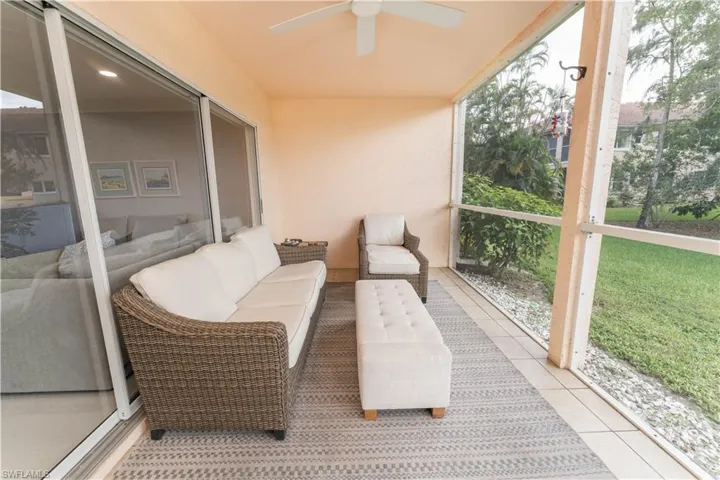 Sunroom featuring ceiling fan and an outdoor hangout area