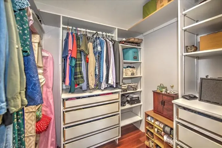 Spacious closet featuring dark hardwood / wood-style flooring