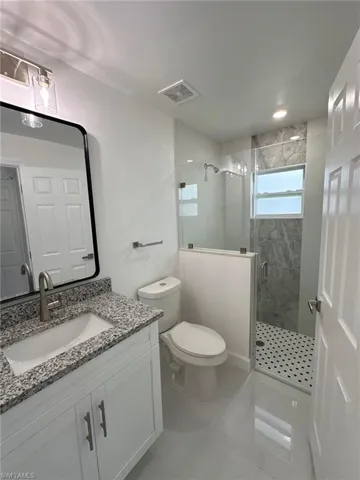 Bathroom with vanity, toilet, and walk in shower