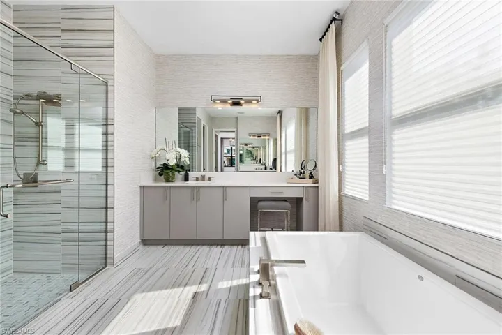 Bathroom with shower with separate bathtub and vanity
