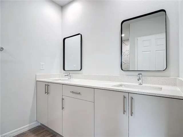 Bathroom with double vanity and dark wood-style floors