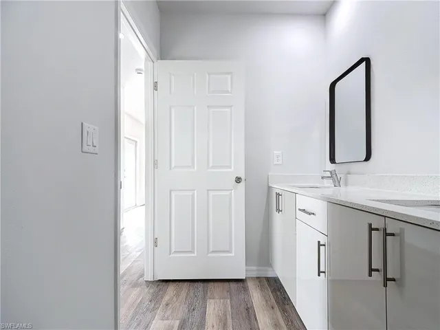 Bathroom with dark wood-type flooring and double vanity