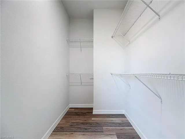 Walk in closet with dark wood-style flooring